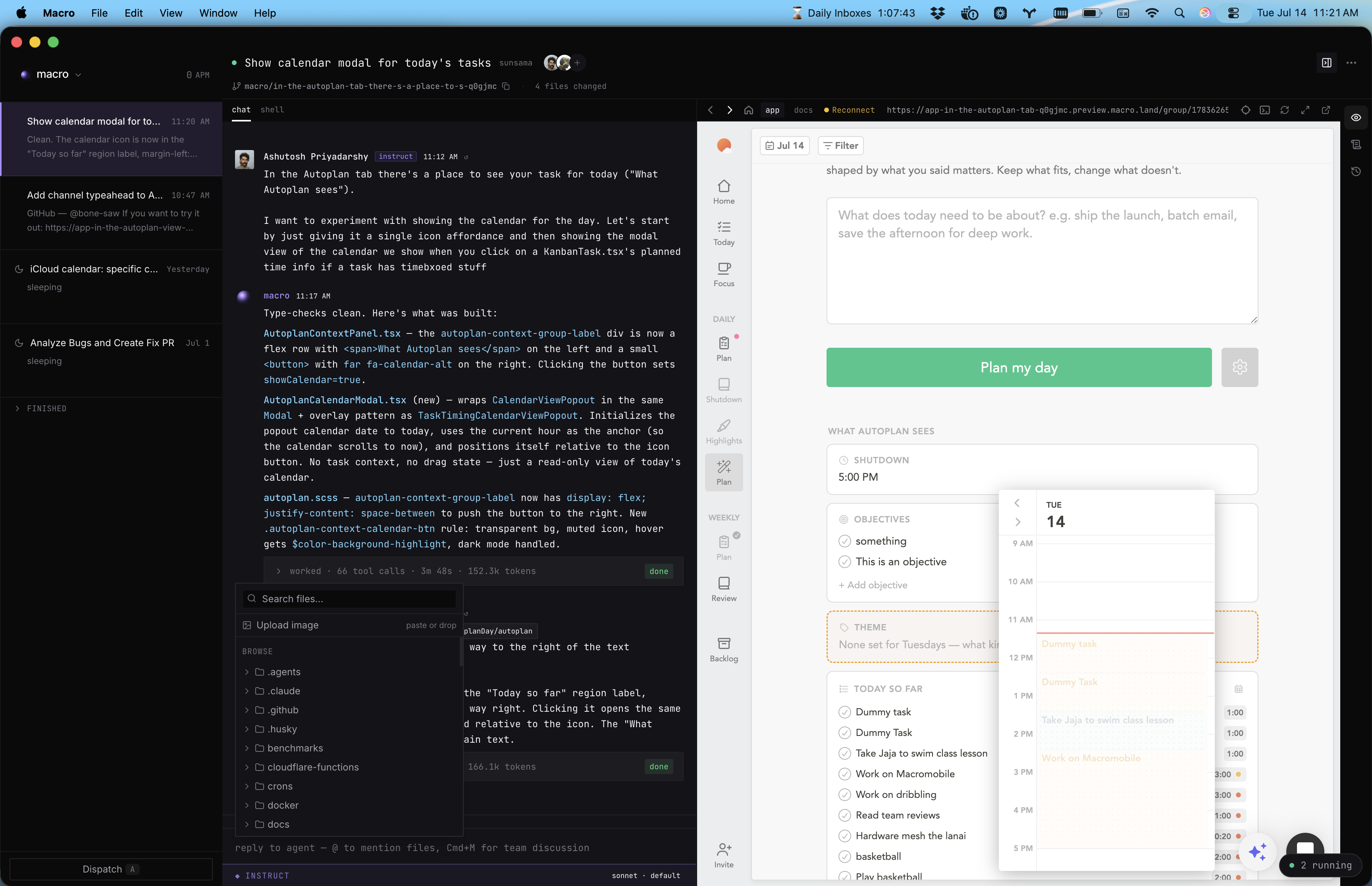 A Macro agent working on a Sunsama feature with a live interactive preview of the app alongside the chat
